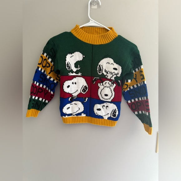 Vintage Kids Snoopy Knit Sweater Long Sleeve Striped Green Blue Red Yellow - Picture 1 of 7